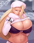  1girl black_bra blonde_hair blurry blurry_background bra breasts closed_mouth curvy earrings fur_coat fur_collar fur_hat gloves gym_leader hat highres huge_breasts jewelry long_hair materclaws mature melon_(pokemon) navel partly_fingerless_gloves pokemon pokemon_(game) pokemon_swsh purple_eyes red_lips shirt_lift skindentation smile sweater underwear ushanka white_earrings white_sweater 