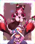  1girl 2girls bag black_dress blush_stickers breasts brown_eyes brown_hair candy chocolate claws collarbone commentary dress evelynn food fruit hair_ornament hat heterochromia highres holding large_breasts league_of_legends long_hair looking_at_viewer lulu_(league_of_legends) multiple_girls nanumn pink_hair purple_eyes purple_headwear sleeveless sleeveless_dress smile strapless strapless_dress strawberry tongue tongue_out wavy_mouth white_headwear yellow_eyes 
