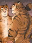  2019 anthro butt disney duo felid fur hanzotitmada hi_res looking_at_viewer looking_back male mammal muscular muscular_male pantherine simple_background striped_body striped_fur stripes tiger tiger_dancer_(zootopia) yellow_eyes zootopia 