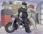  anthro arsinoe bike_(disambiguation) biker car crocodilian erection facial_hair garage goatee hairy humanoid_penis looking_at_viewer male motorcycle muscular penis picture_frame radio reptile scalie smile smirk solo vehicle wanikami 