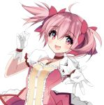  1girl :d absurdres blush breasts choker collarbone eyebrows_visible_through_hair eyelashes floating_hair frilled_sleeves frills gloves hair_between_eyes hair_ribbon hand_up happy highres kaname_madoka looking_away mahou_shoujo_madoka_magica misteor open_mouth outstretched_hand pink_eyes pink_hair pink_ribbon pink_theme puffy_short_sleeves puffy_sleeves reaching_out red_choker red_neckwear ribbon shiny shiny_skin short_sleeves short_twintails sidelocks simple_background small_breasts smile solo soul_gem twintails upper_body white_background white_gloves 