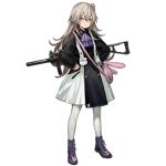  1girl 404_(girls_frontline) alternate_costume ascot bag bangs black_dress boots brown_eyes collared_dress cross-laced_footwear crossed_bangs curly_hair dress full_body girls_frontline grey_hair gun h&amp;k_ump h&amp;k_ump45 hair_between_eyes hair_ornament hands_on_hips heckler_&amp;_koch infukun lace-up_boots lego long_hair looking_at_viewer official_art one_side_up pantyhose purple_footwear purple_neckwear scar scar_across_eye shoulder_bag smile smug submachine_gun transparent_background two-tone_dress ump45_(girls_frontline) weapon weapon_on_back white_dress white_legwear younger 