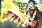  2girls armor black_cape black_shorts blue_eyes blue_hair braid breasts byleth_(fire_emblem) byleth_(fire_emblem)_(female) cape fire_emblem fire_emblem:_three_houses green_eyes green_hair hair_ornament highres holding holding_sword holding_weapon large_breasts long_hair medium_hair multiple_girls navel navel_cutout open_mouth pantyhose pointy_ears short_shorts shorts sothis_(fire_emblem) sword tea_texiamato tiara twin_braids weapon 