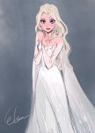  1girl blue_eyes blush breasts character_name collarbone curly_hair dress elsa_(frozen) feet_out_of_frame frozen_(disney) frozen_ii_(disney) gori_matsu grey_background hands_on_own_chest highres lipstick long_dress long_hair long_sleeves makeup off_shoulder own_hands_together parted_lips purple_lipstick silver_hair simple_background small_breasts solo standing white_dress 