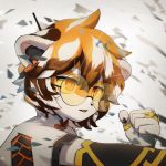  1:1 2019 5_fingers amber_eyes anthro arknights asakai brown_body brown_fur brown_hair bust_portrait cute_fangs earpiece eyewear felid fingers fur glasses hair mammal multicolored_body multicolored_fur multicolored_hair open_mouth orange_body orange_fur orange_hair orange_sclera pantherine portrait short_hair solo tiger video_games waaifu white_body white_fur white_hair 