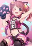 1girl absurdres animal_ears armpits bell black_legwear blush brown_hair cat_ears cat_paws cat_tail eyebrows_visible_through_hair fang gou_d highres idolmaster idolmaster_cinderella_girls idolmaster_cinderella_girls_starlight_stage long_hair looking_at_viewer navel one_eye_closed open_mouth paws pink_eyes shiina_noriko sitting smile solo tail thighhighs twintails wariza 