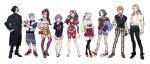  4boys 4girls animal_print ascot bag bernadetta_von_varley black_background black_hair blue_hair boots brown_hair caspar_von_bergliez casual comfeer dorothea_arnault dress edelgard_von_hresvelg ferdinand_von_aegir fire_emblem fire_emblem:_three_houses floral_print green_hair handbag hands_in_pockets highres hood hoodie hubert_von_vestra jacker jeritza_von_hrym leopard_print linhardt_von_hevring looking_at_viewer multiple_boys multiple_girls pants petra_macneary purple_hair shoes silver_hair simple_background skirt sneakers standing striped striped_pants thighhighs 