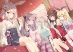  4girls :d :t animal_ear_fluff animal_ears bangs bell black_bow black_hair black_hakama black_legwear black_ribbon blonde_hair blue_eyes blue_kimono blue_sky blush bow bunny_ears card cat_ears cat_girl cat_tail closed_mouth cloud commentary_request crown dango day dutch_angle eating eyebrows_visible_through_hair flower food frilled_sleeves frills grey_hair grey_kimono hair_between_eyes hair_bow hair_flower hair_ornament hair_ribbon hakama hakama_skirt holding holding_card holding_food hoshi_(snacherubi) japanese_clothes jingle_bell kimono long_hair long_sleeves looking_at_viewer mini_crown multiple_girls open_mouth oriental_umbrella original outdoors pantyhose petals pink_flower playing_card purple_eyes purple_hair red_eyes red_kimono red_umbrella ribbon sanshoku_dango sitting sky smile socks striped striped_bow striped_legwear tail thighhighs tilted_headwear tree twintails umbrella vertical_stripes very_long_hair wagashi wide_sleeves 