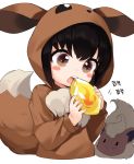  1girl black_hair blush_stickers brown_eyes commentary cosplay eating eevee eevee_(cosplay) fire_stone flareon gen_1_pokemon highres holding hood hood_up long_sleeves motion_lines open_mouth poke_kid_(pokemon) pokemon pokemon_(creature) pokemon_(game) pokemon_swsh short_hair simple_background solo_focus takotsu translation_request upper_body upper_teeth white_background 