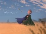  1girl anna_(frozen) blue_eyes blue_sky blurry blurry_foreground brown_hair cape cloud cloudy_sky collarbone commentary_request depth_of_field dress earrings english_text field frozen_(disney) frozen_ii_(disney) gori_matsu hair_bun hand_on_own_chest highres jewelry leaf lipstick long_sleeves looking_up makeup mountain nature outdoors palace paper_airplane profile red_lipstick sky smile solo tiara tied_hair wheat_field 