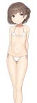  1girl absurdres arm_behind_back ass_visible_through_thighs bikini brown_eyes brown_hair collarbone cowboy_shot flat_chest hair_bobbles hair_ornament highres looking_at_viewer navel nyarukac one_side_up original short_hair side-tie_bikini simple_background solo standing swimsuit thigh_gap white_background white_bikini 
