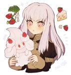  1girl alcremie cake crossover drooling fire_emblem fire_emblem:_three_houses food fruit gen_8_pokemon holding holding_pokemon long_hair lysithea_von_ordelia nemui_468 open_mouth pink_eyes pokemon pokemon_(creature) simple_background strawberry upper_body white_background white_hair you_gonna_get_eaten 