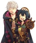  book child closed_eyes father_and_daughter fire_emblem fire_emblem_awakening fire_emblem_heroes gloves hand_on_head highres hood hood_down kometubu0712 long_sleeves morgan_(fire_emblem) morgan_(fire_emblem)_(female) robe robin_(fire_emblem) robin_(fire_emblem)_(male) short_hair smile v white_background white_hair 