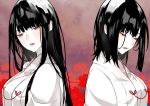  2girls bangs black_hair blush breasts closed_eyes eyelashes flower fusou_(kantai_collection) japanese_clothes kantai_collection large_breasts lips long_hair multiple_girls nello_(luminous_darkness) pale_skin parted_lips red_eyes red_flower short_hair spider_lily upper_body yamashiro_(kantai_collection) 