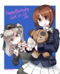  2girls afterimage bandages bandaid bangs beret black_headwear black_jacket black_neckwear black_ribbon blue_background blue_jacket boko_(girls_und_panzer) brown_eyes brown_hair commentary dated dress_shirt emblem english_text eyebrows_visible_through_hair girls_und_panzer hair_ribbon happy_birthday hat head_tilt highres holding holding_stuffed_animal jacket japanese_tankery_league_(emblem) leaning_to_the_side light_brown_eyes light_brown_hair long_hair long_sleeves military military_hat military_uniform miniskirt morosuke motion_blur multiple_girls nishizumi_miho one_side_up ooarai_military_uniform outside_border peeking_out pleated_skirt ribbon selection_university_(emblem) selection_university_military_uniform shimada_arisu shirt short_hair skirt standing stuffed_animal stuffed_toy teddy_bear twitter_username uniform w waving white_shirt white_skirt 