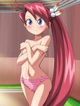  bad_id bad_pixiv_id blue_eyes blush breast_hold breasts cameltoe covering feathers flat_chest kozeri_ai live_on_cardliver_kakeru long_hair makino_tomoyasu navel panties pinky_out ponytail red_hair solo striped striped_panties topless underwear underwear_only 