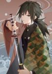  1boy black_hair black_jacket blue_eyes buttons closed_mouth collar collared_jacket haori holding holding_sword holding_weapon jacket japanese_clothes katana kimetsu_no_yaiba long_hair long_sleeves looking_at_viewer low_ponytail male_focus solo standing sword tomioka_giyuu uniform wanchong weapon wide_sleeves 