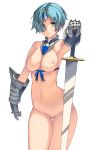  1girl aqua_eyes aqua_hair ass_visible_through_thighs breasts commentary_request cowboy_shot detached_collar eyebrows_visible_through_hair forehead_protector gauntlets hair_over_one_eye highres holding holding_sword holding_weapon looking_at_viewer masao medium_breasts navel nipples nude original rei_no_himo short_hair solo standing sword thigh_gap weapon white_background 
