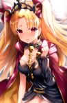  1girl absurdres asymmetrical_sleeves backlighting bangs between_breasts black_leotard blonde_hair blush breasts cape cleavage detached_collar earrings ereshkigal_(fate/grand_order) fate/grand_order fate_(series) hair_ribbon highres infinity jewelry leotard long_hair looking_at_viewer medium_breasts necklace open_mouth parted_bangs red_cape red_eyes red_ribbon ribbon shouu-kun single_sleeve single_thighhigh skull solo spine thighhighs tiara two_side_up 