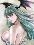  1girl backless_outfit bare_back bare_shoulders black_leotard breasts demon_girl from_behind fur_trim green_hair head_wings highres large_breasts leotard lips long_hair looking_back morrigan_aensland nose portrait sideboob solo strapless strapless_leotard succubus to-ru vampire_(game) 