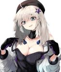  1girl aa-12_(girls_frontline) ahoge bags_under_eyes bangs belt black_gloves black_headwear black_tank_top blue_eyes blush breasts choker cleavage coat eyebrows_visible_through_hair girls_frontline gloves hair_ornament hat highres large_breasts long_hair open_clothes open_coat open_mouth silver_hair simple_background solo star star_hair_ornament strap take_(trude1945oneetyan) tank_top upper_body white_background white_coat 