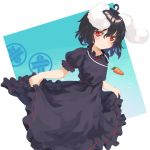  1girl absurdres alternate_color animal_ears berabou black_dress black_hair blush bunny_ears bunny_girl carrot_necklace commentary_request dress highres inaba_tewi red_eyes ribbon-trimmed_dress short_hair skirt_hold smile solo touhou 