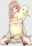  1boy 1girl absurdres bangs barefoot bird black_eyes blunt_bangs brown_hair dress full_body highres hug long_hair looking_at_viewer mm8nat onodera_punpun oyasumi_punpun simple_background sitting smile tanaka_aiko white_dress 