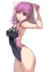  1girl armpits arms_up bangs breasts cleavage competition_swimsuit cowboy_shot eyebrows_visible_through_hair highres long_hair masao medium_breasts one-piece_swimsuit open_mouth original pink_hair solo swimsuit whistle yellow_eyes 