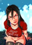  1girl abs avatar:_the_last_airbender avatar_(series) azula black_hair black_legwear bottomless breasts brown_eyes clothes_writing collarbone commentary contemporary english_commentary english_text fuck-me_shirt furrowed_eyebrows hair_between_eyes hair_down highres large_breasts legs_together lips long_hair looking_at_viewer meme_attire pubic_hair randomboobguy red_shirt shirt sitting snap_my_choker_(phrase) solo t-shirt thighhighs thighs toned 