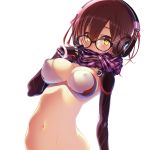  1girl adjusting_clothes black-framed_eyewear blush breasts brown_hair covered_nipples eyebrows_visible_through_hair glasses hair_between_eyes headphones highres large_breasts looking_at_viewer midriff navel revealing_clothes roboco-san roboco_ch. robot_joints sakuya_tsuitachi scarf short_hair simple_background solo upper_body virtual_youtuber white_background yellow_eyes 