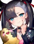  &gt;_&lt; 1girl :d ainy77 aqua_eyes artist_name bangs black_choker black_hair black_jacket black_nails blush choker commentary_request ear_piercing finger_to_cheek gen_8_pokemon hair_ribbon hand_up highres jacket long_hair long_sleeves looking_at_viewer mary_(pokemon) morpeko nail_polish open_mouth partial_commentary piercing pointy_hair pokemon pokemon_(creature) pokemon_(game) pokemon_swsh red_ribbon ribbon simple_background smile solo twintails twitter_username upper_body white_background 