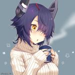  1girl artist_name blue_background breasts cup eyebrows_visible_through_hair eyepatch hair_over_one_eye holding holding_cup kantai_collection kotobuki_(momoko_factory) large_breasts long_sleeves looking_away messy_hair parted_lips purple_hair short_hair simple_background sleeves_past_wrists solo steam sweater tenryuu_(kantai_collection) triangle_mouth turtleneck turtleneck_sweater twitter_username upper_body white_sweater 