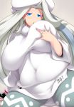  1girl blue_eyes breasts curvy fur_hat gloves gym_leader hat highres huge_breasts jewelry long_hair looking_at_viewer mature melon_(pokemon) open_mouth plump pokemon pokemon_(game) pokemon_swsh ring silver_hair single_glove solo sweater tsukasawa_takamatsu turtleneck unaligned_breasts ushanka very_long_hair 