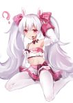  1girl ? absurdres animal_ears armpits azur_lane bangs black_choker breasts bunny_ears cannian_dada choker cleavage closed_mouth collarbone detached_sleeves expressionless eyebrows_visible_through_hair fake_animal_ears hair_between_eyes hair_ribbon hairband headset highres laffey_(azur_lane) laffey_(halfhearted_bunny_idol)_(azur_lane) lavender_hair long_hair long_sleeves looking_at_viewer midriff navel pantyhose pink_eyes pink_ribbon pink_skirt plaid plaid_skirt ribbon ribbon_choker sidelocks simple_background sitting skirt sleeves_past_wrists small_breasts solo strapless thighband_pantyhose twintails wariza white_background white_legwear wide_sleeves 