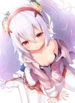  1girl animal_ears azur_lane bangs bare_shoulders between_legs boots breasts bunny_ears camisole commentary_request eyebrows_visible_through_hair hair_between_eyes hair_ornament hairband hand_between_legs jacket laffey_(azur_lane) long_hair long_sleeves looking_at_viewer matokechi off_shoulder open_clothes open_jacket parted_lips pink_jacket pleated_skirt red_eyes red_hairband red_skirt silver_hair sitting skirt sleeves_past_wrists small_breasts solo strap_slip thigh_boots thighhighs twintails very_long_hair wariza white_camisole white_footwear white_legwear 