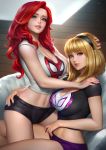  2girls arm_around_waist black_hairband black_panties blonde_hair blue_eyes blurry blurry_background breasts cleavage crop_top green_eyes gwen_stacy hairband hand_on_another&#039;s_head hand_on_another&#039;s_shoulder large_breasts looking_at_viewer low_neckline marvel mary_jane_watson medium_hair midriff multiple_girls navel nudtawut_thongmai panties parted_lips purple_panties red_hair smile spider-man_(series) stomach toned underwear wavy_hair 