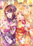  2girls :d :o bag bang_dream! bangs black_eyes black_hair blonde_hair blurry blush bokeh bow candy_apple commentary_request depth_of_field festival floral_print food hair_bow hair_ornament hairclip highres holding holding_bag holding_food japanese_clothes kanzashi kimono lantern locked_arms long_hair long_sleeves medium_hair multiple_girls obi okusawa_misaki open_mouth paper_lantern ponytail sash sidelocks smile takitarou tsurumaki_kokoro wide_sleeves yellow_eyes yellow_kimono yukata 