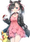  1girl asymmetrical_bangs bangs black_hair black_jacket black_nails breasts dress earrings eyebrows_visible_through_hair gen_8_pokemon green_eyes hair_ribbon highres holding holding_poke_ball jacket jewelry long_sleeves looking_at_viewer mary_(pokemon) morpeko mutang nail_polish open_clothes open_jacket parted_lips pink_dress poke_ball poke_ball_(generic) pokemon pokemon_(creature) pokemon_(game) pokemon_swsh red_ribbon ribbon signature simple_background sleeves_past_wrists small_breasts twintails white_background 