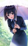  1girl :d bangs black_dress black_eyes black_hair blurry blurry_background bob_cut collared_dress cowboy_shot day dress eyelashes highres holding holding_umbrella leaning_forward long_dress long_sleeves looking_at_viewer nakahara_misaki nashigaya_koyomi nhk_ni_youkoso! open_mouth short_hair smile solo umbrella 