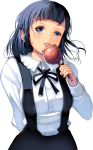  1girl arm_behind_back bangs black_hair blue_eyes blunt_bangs candy_apple commentary_request food highres holding holding_food looking_at_viewer masao original short_hair solo tongue tongue_out upper_body white_background 