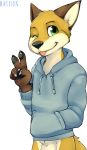  absurd_res animal_genitalia anthro balls bastion bottomless canid canine claws clothed clothing cub fox fully_sheathed fur gesture green_eyes hi_res hoodie male mammal one_eye_closed pawpads sheath simple_background smile solo standing tongue tongue_out topwear v_sign young 