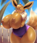  &lt;3 2019 anthro anthrofied areola beach belly big_breasts breasts brown_areola brown_hair camel_toe clothed clothing curvy_figure detailed_background digital_media_(artwork) eevee female front_view hair mature_female mleonheart navel neck_tuft nintendo one-piece_swimsuit open_mouth outside overweight overweight_female pink_eyes pok&eacute;mon pok&eacute;mon_(species) pok&eacute;morph seaside smile solo standing swimwear text thick_thighs tuft video_games voluptuous wide_hips 