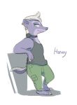  anthro badger barefoot bottomwear clothed clothing collar disney fully_clothed fur honey_(zootopia) honey_badger leaning leaning_back looking_at_viewer mammal mustelid musteline pants shirt shock_collar simple_background smile solo tank_top tomatoztp topwear white_background zootopia 