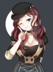  1girl artist_name black_headwear breasts brown_hair chocojax choker cleavage closed_mouth commission dorothea_arnault earrings fire_emblem fire_emblem:_three_houses garreg_mach_monastery_uniform green_eyes hat highres jewelry large_breasts long_hair one_eye_closed simple_background smile solo uniform upper_body 