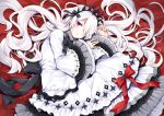  1girl black_bow bow character_request crown dress frills hair_bow hair_over_one_eye long_hair long_sleeves looking_at_viewer lying on_side purple_eyes red_bow ririkuto signature very_long_hair white_dress white_hair wide_sleeves 