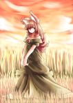  1girl absurdres alternate_color animal_ears bangs bare_shoulders black_dress breasts brooch brown_hair cleavage cloud commentary dress eyebrows_visible_through_hair frills grass hh highres imaizumi_kagerou jewelry long_dress long_hair looking_at_viewer medium_breasts nature off-shoulder_dress off_shoulder outdoors red_eyes revision short_sleeves solo standing sunset touhou wolf_ears 
