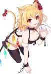  1girl :d animal_ear_fluff animal_ears arm_support bangs bare_arms bare_shoulders bell bell_choker black_bra black_legwear blonde_hair bow bra breasts cat_ears cat_tail chain choker claw_pose collarbone commentary crystal cuffs fangs flandre_scarlet hair_ribbon hand_up highres jingle_bell kemonomimi_mode kneeling looking_at_viewer no_hat no_headwear no_shoes one_side_up open_mouth red_bow red_eyes red_ribbon ribbon shackles short_hair simple_background small_breasts smile snozaki solo tail tail_bow thighhighs thighs touhou underwear underwear_only white_background wings 