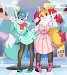  2019 airport armwear blue_body blue_eyes blue_fur blush boots braixen breasts canid canine clothed clothing cosplay crossdressing dipstick_tail dress duo elbow_gloves eyebrows fan_character female flight_attendant footwear fox fur fur_markings gesture girly gloves handwear hat hatsune_miku headgear headphones headset headwear high_heels inner_ear_fluff legwear looking_at_viewer male mammal markings megurine_luka multicolored_tail nintendo onirin open_mouth pok&eacute;mon pok&eacute;mon_(species) red_eyebrows red_eyes red_nose ribbons roflfox scarf seraphine_(roflfox) shoes stick stockings tongue tuft video_games vocaloid waving white_body white_fur yellow_body yellow_fur 