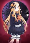 1girl abigail_williams_(fate/grand_order) bangs black_bow black_dress black_headwear blonde_hair blue_eyes blush bow dong_ja9502 dress fate/grand_order fate_(series) forehead hair_bow hat highres long_hair long_sleeves looking_at_viewer multiple_bows open_mouth orange_bow parted_bangs polka_dot polka_dot_bow ribbed_dress sleeves_past_fingers sleeves_past_wrists solo stuffed_animal stuffed_toy teddy_bear white_bloomers 