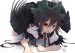  1girl :p bangs black_hair black_wings bow clenched_hand commentary_request eyebrows_visible_through_hair feathered_wings green_bow hair_between_eyes hair_bow highres long_hair looking_at_viewer lying on_stomach puffy_short_sleeves puffy_sleeves red_eyes reiuji_utsuho shadow shirt short_sleeves signature simple_background solo tongue tongue_out touhou toutenkou white_background white_shirt wings 